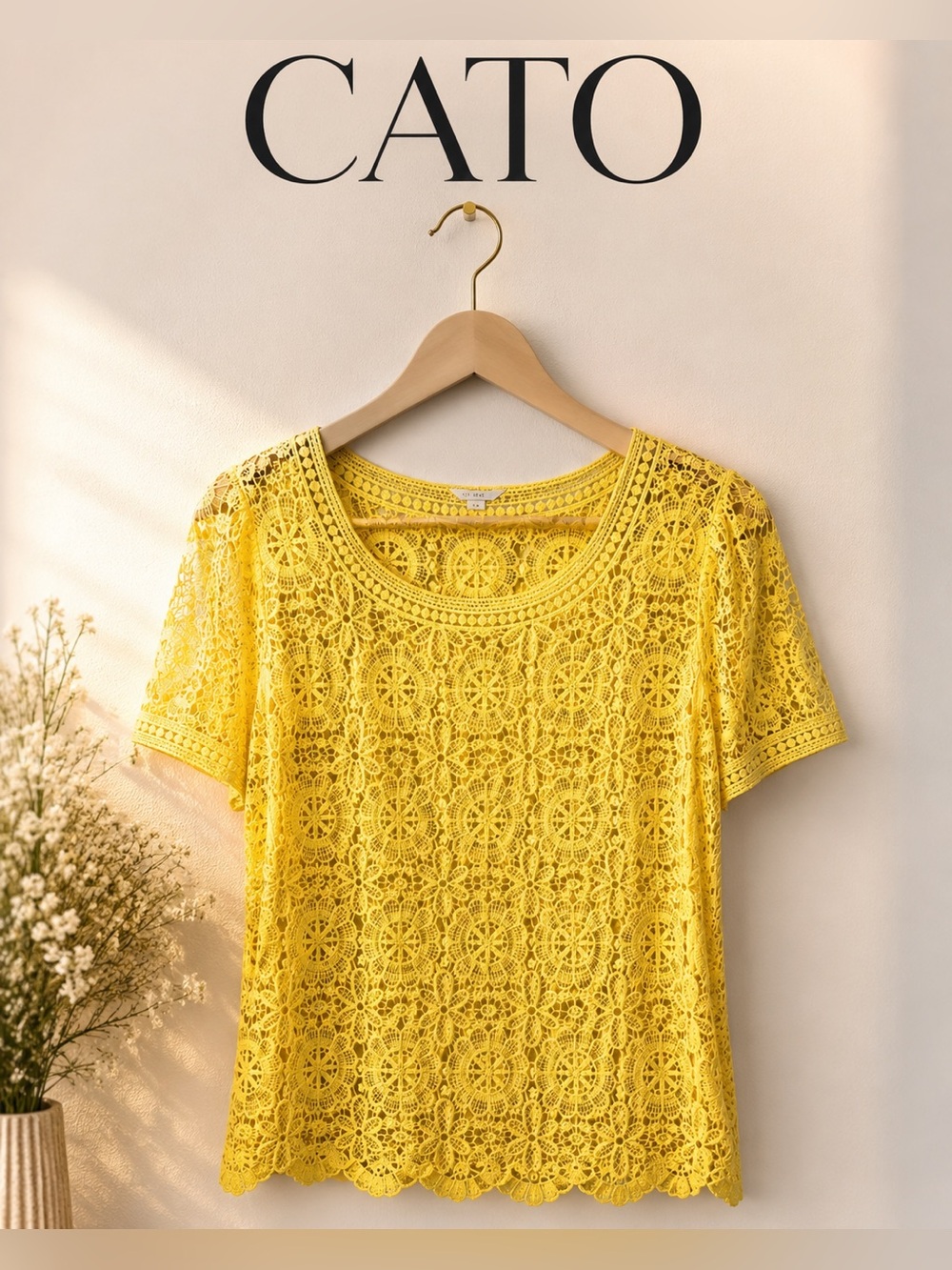Cato | Yellow Lace Crochet Short-Sleeve Top
